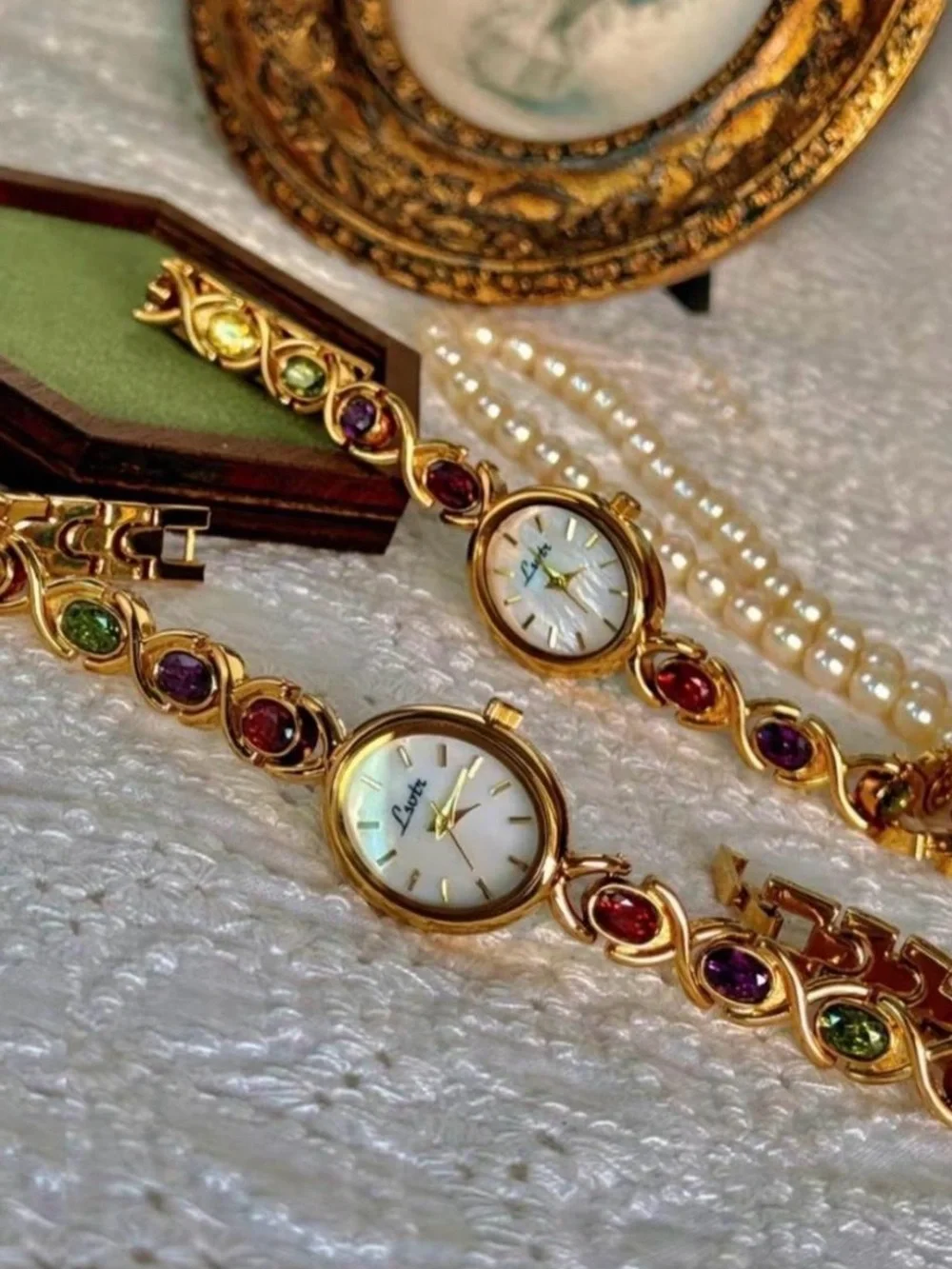 Gold-Tone Women's Bracelet Watch with Multicolor Gem Accents